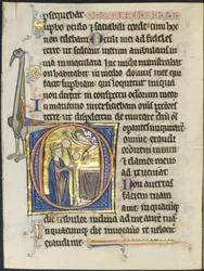 Leaf from a Psalter: Initial D: David in Prayer before an Altar and Christ in a Cloud..., c. 1270-12