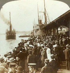 Leaving old home and friends - waving emigrants for America, Christiania, Norway, c1905
