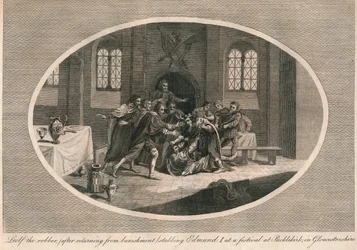 Leofa the robber stabbing Edmund I at a festival at Pucklekirk, Gloucestershire