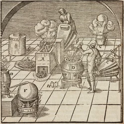 Copper Analysis Equipment - Engraving from Description of Ores and Principal Mining Methods, by Lazarus Ecker