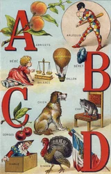 Letters A B C D; Apricots; Harlequin; Balance; Balloon; Bebe; Cherries; Cat Chair; Dog; Blanket; Devil; Turkey; Flag