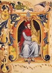 Lettrine with a Man and an Organ Beginning a Score from the Codex Squarcialupi (by Antonio Squarcialupi)