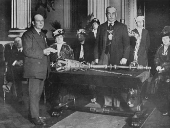 Lieut. Bell, R.N.R., Captain of the Thordis, Being Presented by the Lord Mayor of London