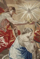 Life of the Virgin: “The Coronation of the Virgin” Detail depicting Jesus and the dove of the Holy Spirit above the Virgin - Wool and silk tapestry made in the workshop of Pierre Damour from Charles Poerson