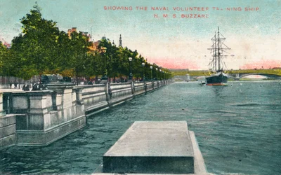 London, Thames Embankment - Showing the Naval Volunteer Training Ship, H.M.S. Buzzard