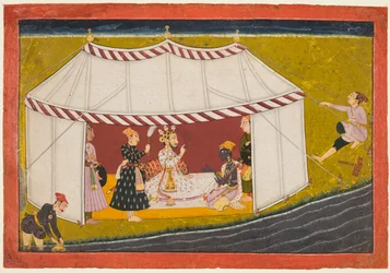 Madhava in a tent before a ruler, from a Madhavanala Kamakandala series