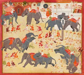 Maharana Raj Singh observing an elephant fight