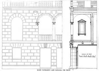Main entrance and loggia on 38 Street, Fraternity Clubs Building, New York City