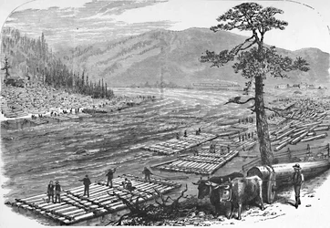 Making Up Rafts on the Susquehanna River. A Scene on the Line of the Erie Railroad