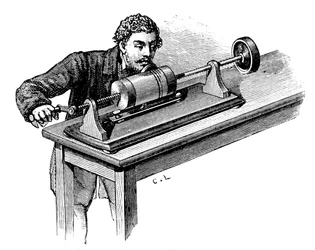 Making recording on first model of Thomas Edison