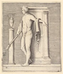Man with Torch at Temple Door