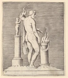 Man with Torch between Flaming Altar and Statuette
