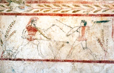 Men fighting with spears, Paestum