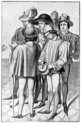 Men wearing favours in their hats, 15th century, 1910