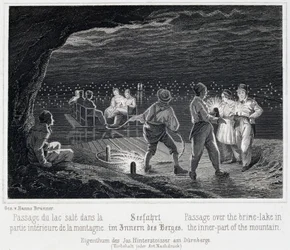 Salt mine: crossing the salt lake inside the mountain, around 1850, in Durrnberg, Austria