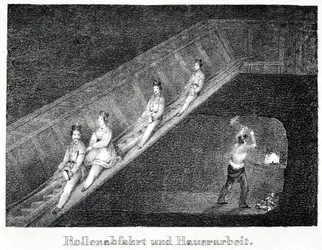 Salt mine: descent system by slide and work of a miner breaking the salt into pieces