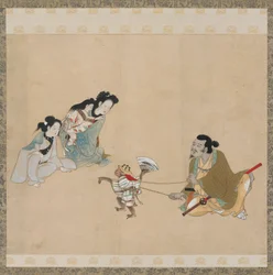 Monkey trainer and monkey performing a dance, Edo period, late 17th century.
