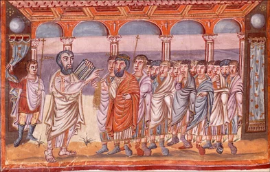 Moses Receiving the Tablets of Law, Miniature from the Moutier-Grandval Bible, ca 830-ca 840
