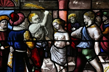 Moulins cathedral. Stained glass window: Great martyr St Barbara, Moulins, France