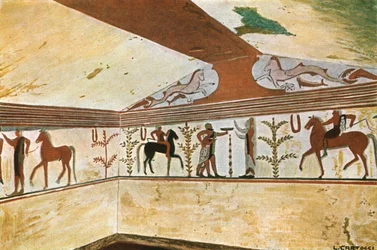 Mural Painting in the Tomb of the Baron Tomba del Barone at Tarquinia, Italy, 1928