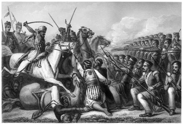 Mutineer cavalry attacking an infantry square at the Battle of Cawnpore, 1857