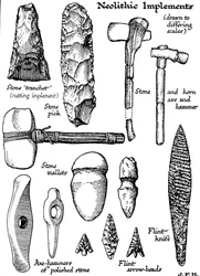 Neolithic implements of stone, flint and horn, c1890