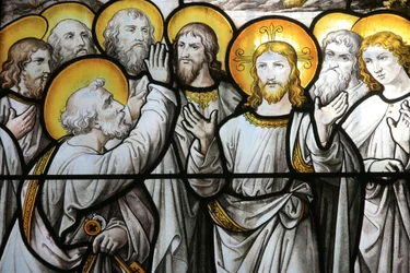 Notre Dame de Beaune church stained glass window: Saint Pierre protests his fidelity to Christ, Beaune, France