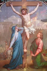 Notre Dame de Paris Cathedral Painting: Jesus on the Cross Looking at Mary, Paris, France