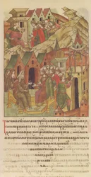 Novgorod veche. Archbishop Spyridon at Court of Yaroslav II Vsevolodovich From the Illuminated Comp