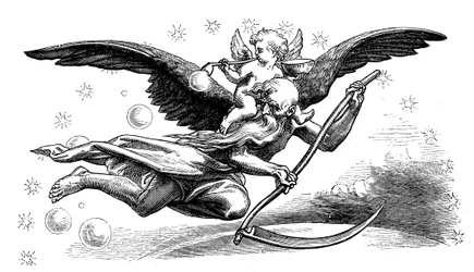 Old Father Time with his scythe, carrying in the New Year