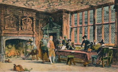Oliver Cromwell Trying a Prisoner During the Defence of Banbury. The Globe Room of Ye Olde Reine Dee