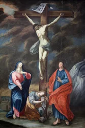 Our Lady of Assumption church. Crucifixion painting, Cordon, France