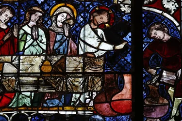 Our Lady of Strasbourg Cathedral Stained Glass Window: The Transformation of Water into Wine at the Marriage at Cana, 14th Century, Strasbourg, France