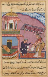 Page from Tales of a Parrot Tuti-nama: Eighth night: The husband berates his wife, c. 1560