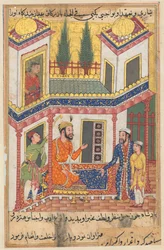 Page from Tales of a Parrot Tuti-nama: Fiftieth night: The merchant returns, c. 1560