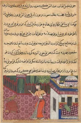 Page from Tales of a Parrot Tuti-nama: Thirty-third night: The parrot addresses Khujasta...