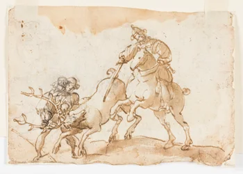 Page of a Drawing Book; A Horseman Killing a Stag and Two Galleys on High Seas
