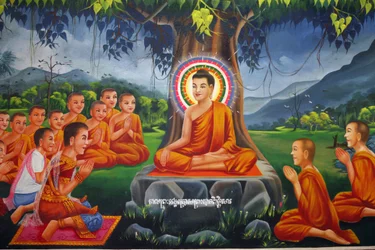 Painting Depicting Buddha Teaching Under a Tree, with King Bimbisara in Rajagaha, Udong, Cambodia