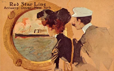 Passengers looking through the porthole on board a Red Star ocean liner
