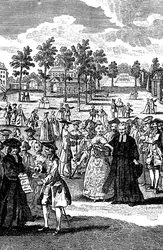 People in the gardens of a stately home, 18th century