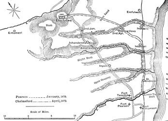 Plan of the Marches of Pearson Jan., 1879 and of Chelmsford April, 1879 to Etschowe, c1880