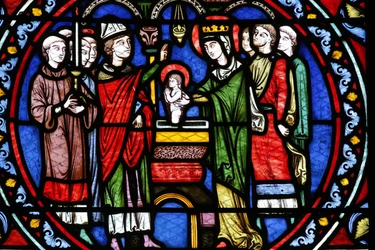 Poissy collegiate church. Stained glass window. Baptism of Saint Louis, Poissy, France