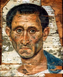 Portrait of a middle-aged man in a blue cloak, Romano-Egyptian mummy portrait, late 1st century