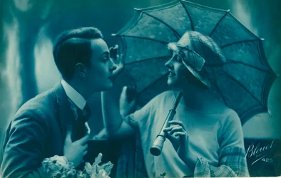 Postcard of Romantic Vintage Couple, in Blue