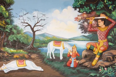 Preah Prom Rath Monastery. Life of the Buddha. The Great Tonsure: the Buddha cuts his hair with his sword. Then he changed his prince