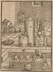 Preparation of Liquids Used to Extract Silver Ore from Gold Ore - Engraving from Description of Ores and Principal Mining Methods, by Lazarus Ecker