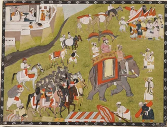 Procession of a Raja on elephant with armed escort and retainers, late 19th century
