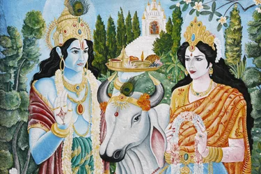 Rama, Sita and the sacred cow. Rama is the 7th reincarnation of Vishnu. Pashupatinath, Kathmandu, Nepal