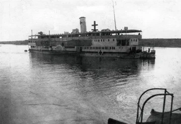 Red Cross river boat going up the Tigris River, Mesopotamia, WWI, 1918