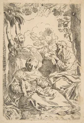 Repose in Egypt, Holy Family seated while an angel pulls at tree branches